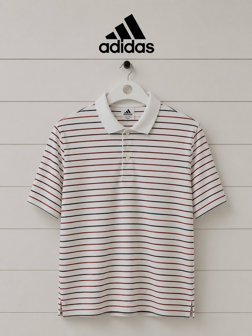 ADIDAS – White  Red Striped Polo Shirt – Size L